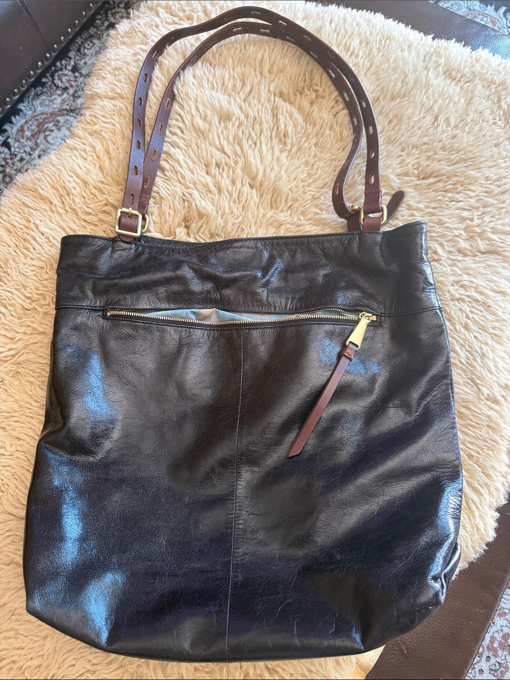 HOBO Black Leather Shoulder Bag with Brown Strap